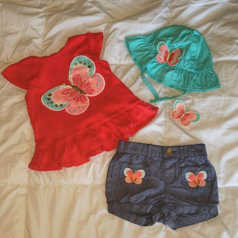 Gymboree 18-24 months Butterfly Shirt, Shorts, Hat and Hair Barrette